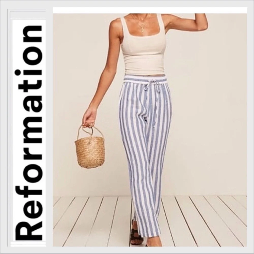 Reformation pull on drawstring Linen striped Pants S made in USA